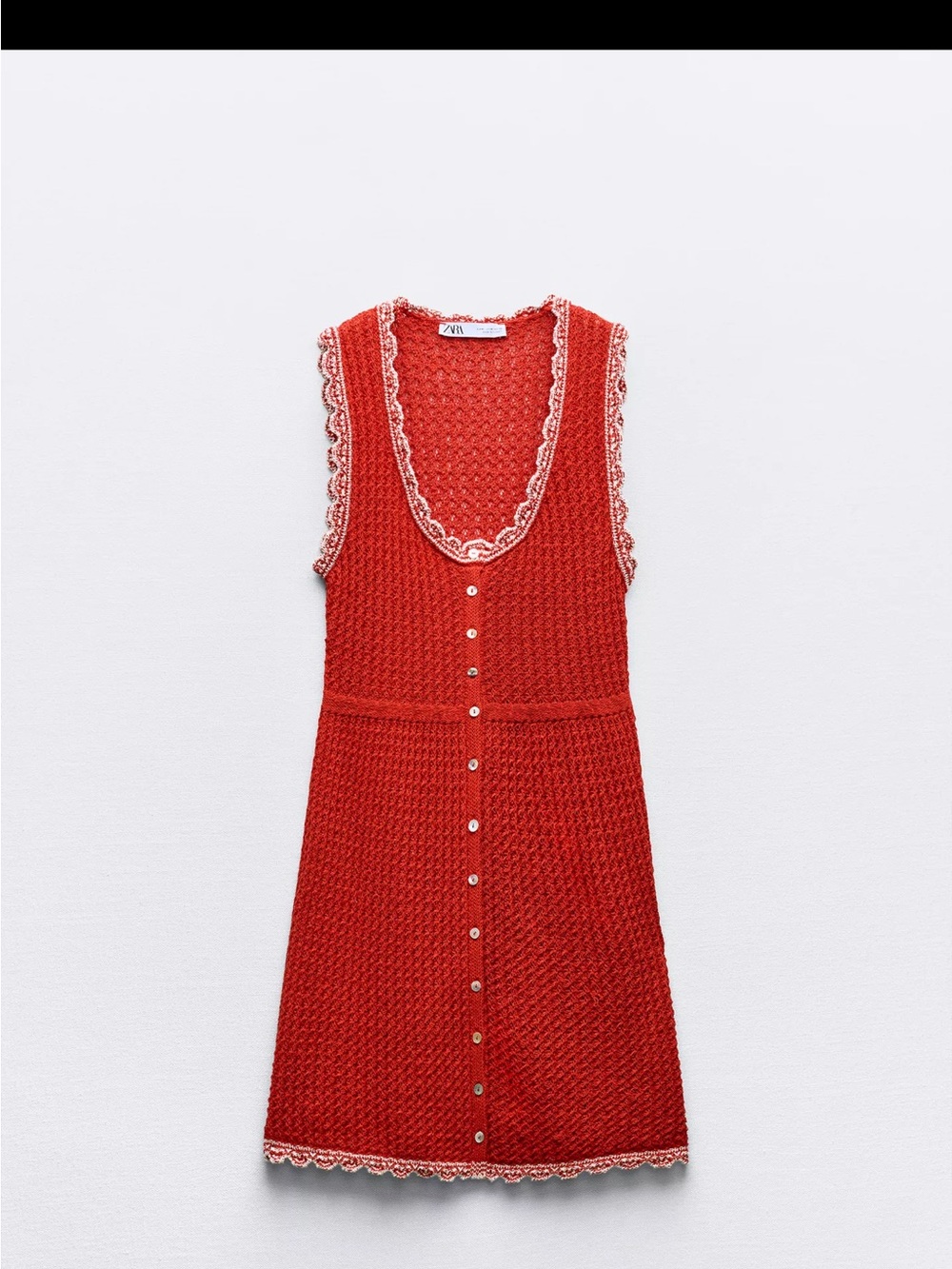 Zara Red Crochet Button-Front Sleeveless Dress with Cream Trim